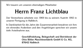 Traueranzeige von Franz Lichtblau von Allgäuer Zeitung, Füssen