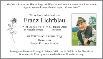 Traueranzeige von Franz Lichtblau von Allgäuer Zeitung, Füssen