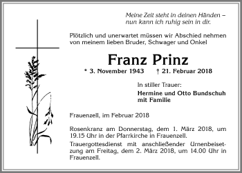 Traueranzeige von Franz Prinz von Allgäuer Zeitung,Kempten
