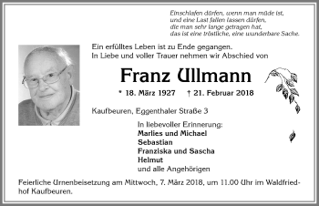 Traueranzeige von Franz Ullmann von Allgäuer Zeitung, Kaufbeuren/Buchloe