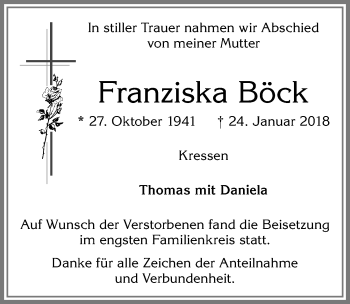 Traueranzeige von Franziska Böck von Allgäuer Zeitung,Kempten