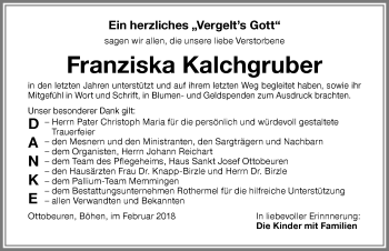 Traueranzeige von Franziska Kalchgruber von Memminger Zeitung
