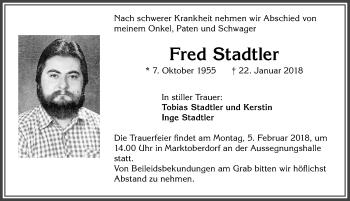 Traueranzeige von Fred Stadtler von Allgäuer Zeitung, Marktoberdorf
