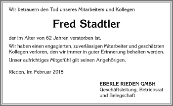 Traueranzeige von Fred Stadtler von Allgäuer Zeitung, Marktoberdorf