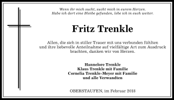 Traueranzeige von Fritz Trenkle von Allgäuer Anzeigeblatt
