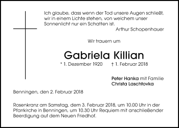 Traueranzeige von Gabriela Killian von Memminger Zeitung
