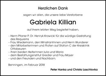 Traueranzeige von Gabriela Killian von Memminger Zeitung
