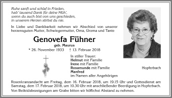 Traueranzeige von Genovefa Fühner von Allgäuer Zeitung, Marktoberdorf