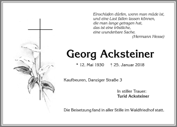 Traueranzeige von Georg Acksteiner von Allgäuer Zeitung, Kaufbeuren/Buchloe