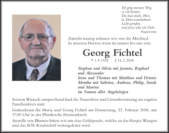 Traueranzeige von Georg Fichtel von Der Westallgäuer
