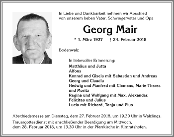 Traueranzeige von Georg Mair von Allgäuer Zeitung,Kempten