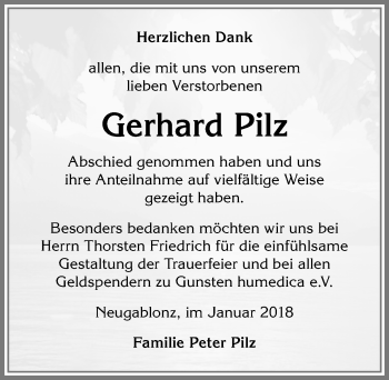 Traueranzeige von Gerhard Pilz von Allgäuer Zeitung, Kaufbeuren/Buchloe