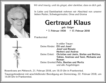 Traueranzeige von Gertraud Klaus von Allgäuer Zeitung, Kaufbeuren/Buchloe