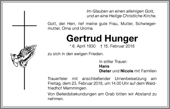 Traueranzeige von Gertrud Hunger von Memminger Zeitung