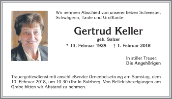 Traueranzeige von Gertrud Keller von Allgäuer Zeitung,Kempten