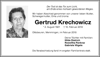 Traueranzeige von Gertrud Krechowicz von Memminger Zeitung