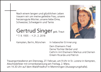 Traueranzeige von Gertrud Singer von Allgäuer Zeitung