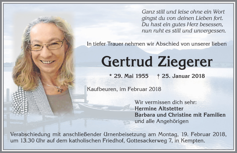  Traueranzeige für Gertrud Ziegerer vom 17.02.2018 aus Allgäuer Zeitung, Kaufbeuren/Buchloe
