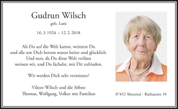 Traueranzeige von Gudrun Wilsch von Allgäuer Zeitung,Kempten