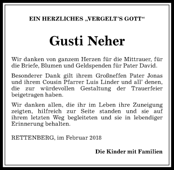 Traueranzeige von Gusti Neher von Allgäuer Anzeigeblatt