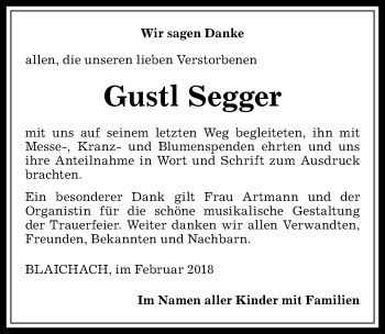 Traueranzeige von Gustl Segger von Allgäuer Anzeigeblatt