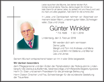 Traueranzeige von Günter Winkler von Der Westallgäuer
