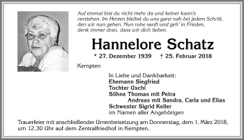 Traueranzeige von Hannelore Schatz von Allgäuer Zeitung,Kempten