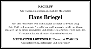 Traueranzeige von Hans Briegel von Der Westallgäuer