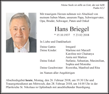 Traueranzeige von Hans Briegel von Der Westallgäuer
