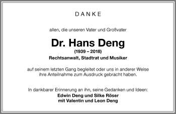 Traueranzeige von Hans Deng von Memminger Zeitung