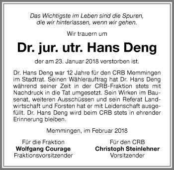 Traueranzeige von Hans Deng von Memminger Zeitung