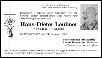 Traueranzeige von Hans-Dieter Leubner von Allgäuer Anzeigeblatt