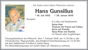 Traueranzeige von Hans Gunsilius von Allgäuer Zeitung,Kempten