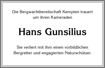 Traueranzeige von Hans Gunsilius von Allgäuer Zeitung,Kempten