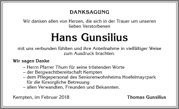 Traueranzeige von Hans Gunsilius von Allgäuer Zeitung,Kempten