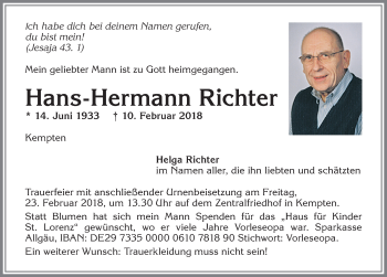 Traueranzeige von Hans-Hermann Richter von Allgäuer Zeitung,Kempten