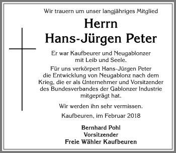 Traueranzeige von Hans-Jürgen Peter von Allgäuer Zeitung, Kaufbeuren/Buchloe