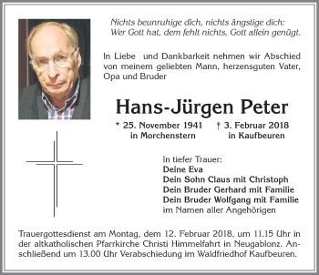Traueranzeige von Hans-Jürgen Peter von Allgäuer Zeitung, Kaufbeuren/Buchloe
