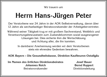 Traueranzeige von Hans-Jürgen Peter von Allgäuer Zeitung, Kaufbeuren/Buchloe