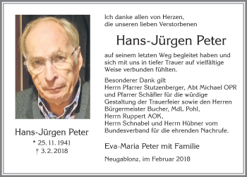 Traueranzeige von Hans-Jürgen Peter von Allgäuer Zeitung, Kaufbeuren/Buchloe