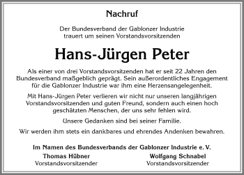 Traueranzeige von Hans-Jürgen Peter von Allgäuer Zeitung, Kaufbeuren/Buchloe