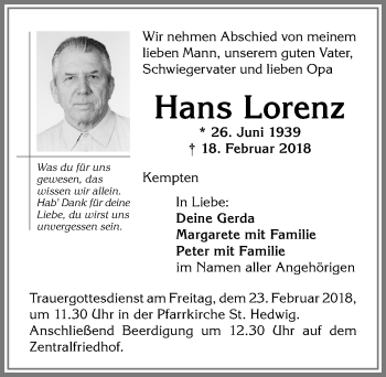 Traueranzeige von Hans Lorenz von Allgäuer Zeitung,Kempten