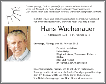 Traueranzeige von Hans Wuchenauer von Allgäuer Zeitung, Marktoberdorf