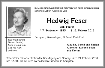 Traueranzeige von Hedwig Feser von Allgäuer Zeitung,Kempten