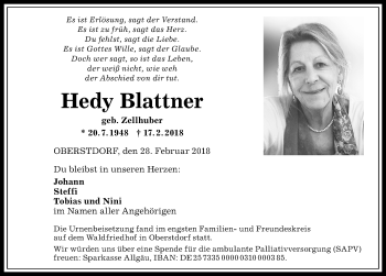 Traueranzeige von Hedy Blattner von Allgäuer Anzeigeblatt