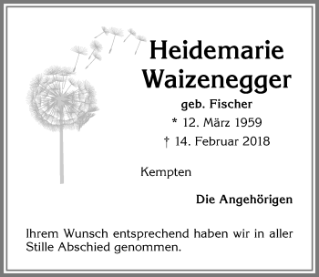 Traueranzeige von Heidemarie Waizenegger von Allgäuer Zeitung,Kempten