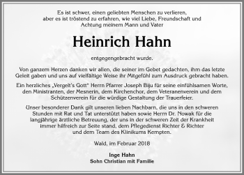 Traueranzeige von Heinrich Hahn von Allgäuer Zeitung, Marktoberdorf