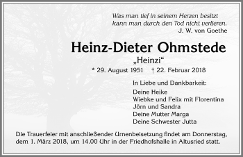 Traueranzeige von Heinz-Dieter Ohmstede von Allgäuer Zeitung,Kempten