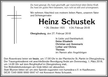 Traueranzeige von Heinz Schustek von Allgäuer Zeitung, Marktoberdorf
