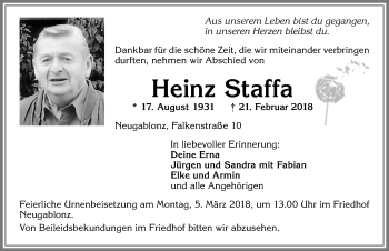 Traueranzeige von Heinz Staffa von Allgäuer Zeitung, Kaufbeuren/Buchloe